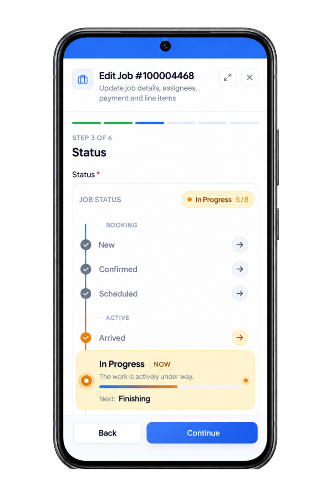 Soroby job status workflow showing a service job in progress on mobile